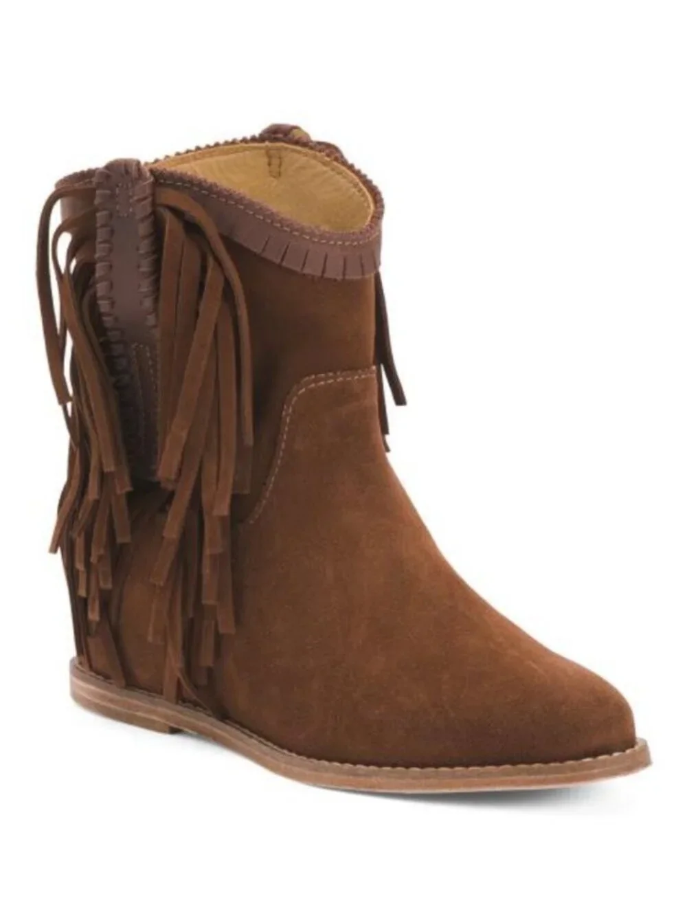 LUCCHESE Brown Suede Martina Fringe Wedge Booties NEW Size 8 Hidden Wedge Rare